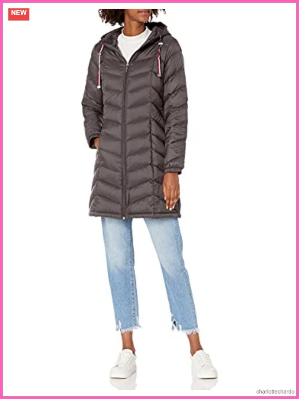 Long Down Puffer Jacket Hooded Quilted Chevron Cold Weather